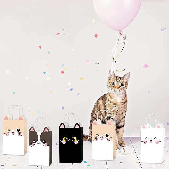 24 PCS Cat Theme Party Favor Bags Kitten Birthday Gift Bags Cute Birthday Goodie Paper Bag with Handles Pet Party Favors for Kids Boys Girls kitten Parties Decorations Pet Adoption Supplies