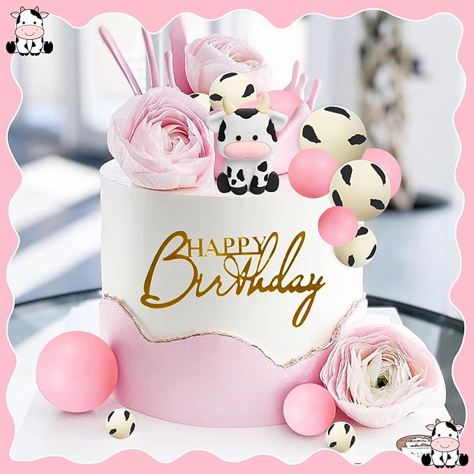 MEMOVAN Cow Cake Topper Farm Cake Topper Decorations with Cows Miniature Figurines Pearl Ball for Girl Cow Farm Theme Baby Shower Birthday Party Supplies-14pcs