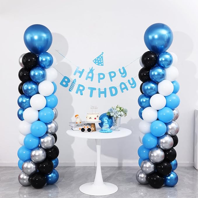 Blue and Silver Black Balloon Column Stand Arch Kit Set of 2 for Floor with 120PCS Blue Black Silver White Balloon Towers for Boys Men Birthday Party Graduation Decorations