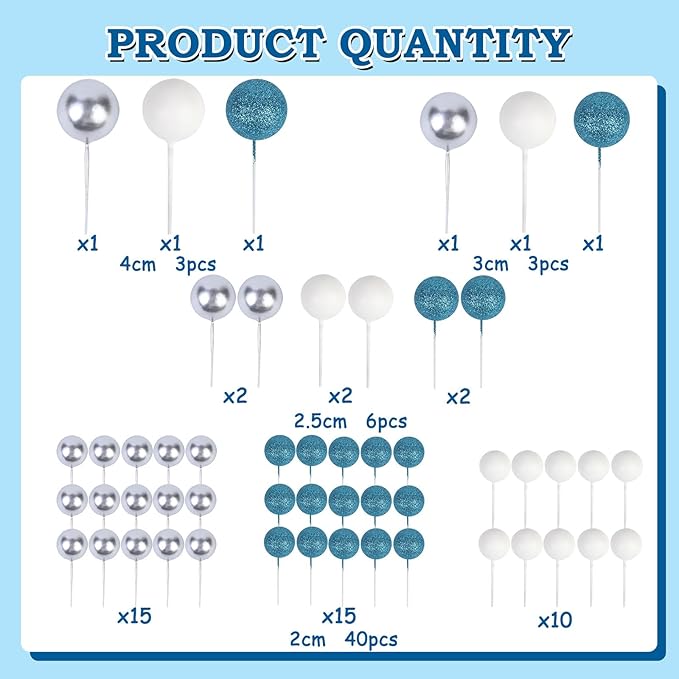 52 Pcs Ball Cake Decorations - Teal Blue White Silver Ball Dessert Picks Cake Cupcake Toppers, Birthday Party Baby Shower Gender Reveal Cake Supplies