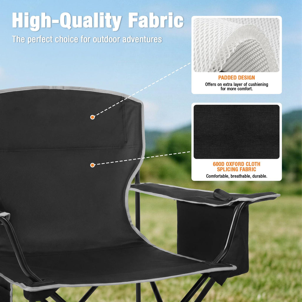 Romswi Lightweight 2Pcs Camping Chairs for Adults, Folding Lawn Chair with 4-Can Cooler Bag, Cup Holder,Collapsible Portable Outdoor Chair for Tailgating, Beach, Fishing,Black
