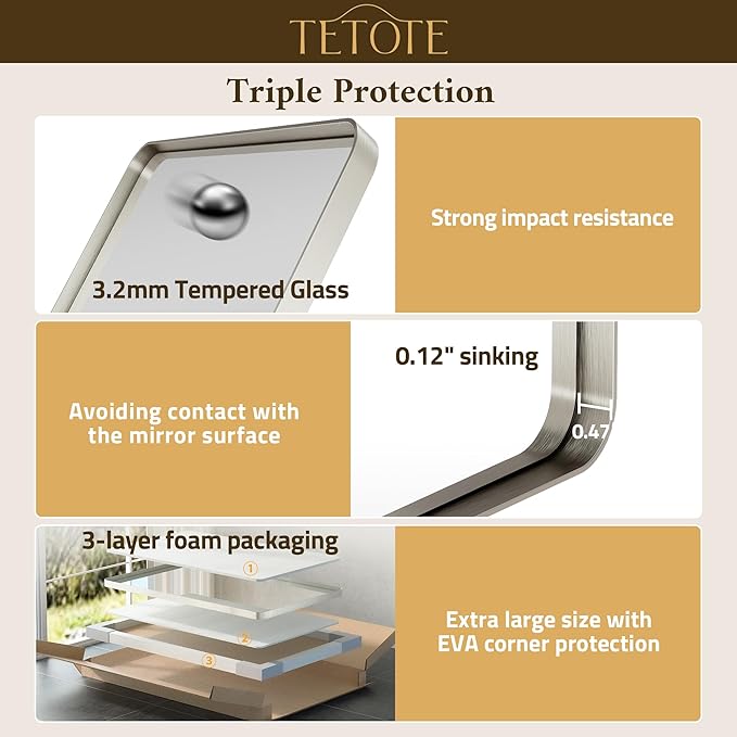 TETOTE Brushed Nickel Mirror 16 x 20 Brushed Nickel Metal Framed Bathroom Mirror, Tempered Glass, Modern Farmhouse Wall Mounted Mirror for Decorative(Horizontal/Vertical)