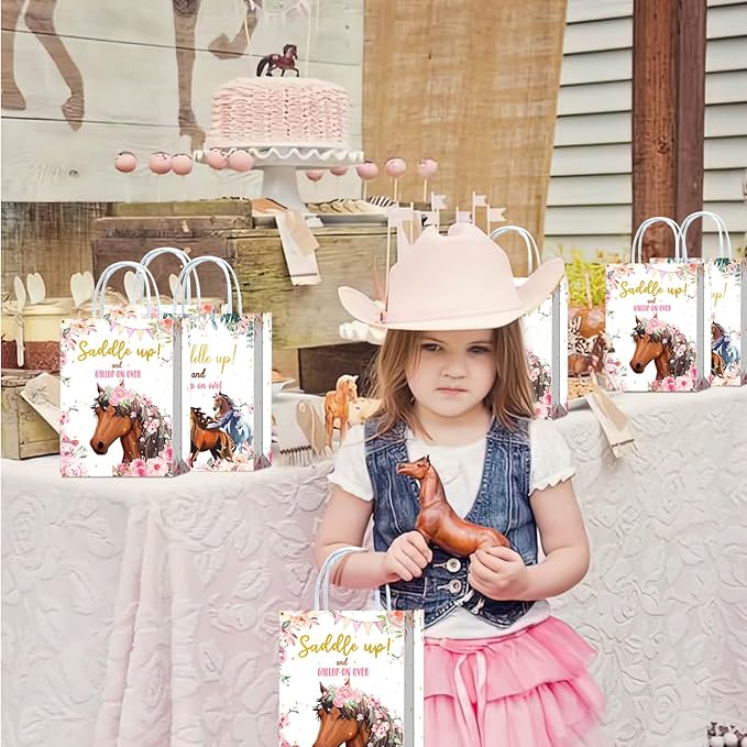 Tyndallrays 16 Pieces Horse Goodie Bags for Cowgirl Horse Birthday Party Supplies,Saddle Up and Gallop On Over Pink Floral Horse Gift Snacks Treat Candy Party Favors Bags with Handles