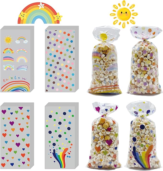 EatnMgan 200Pcs Rainbow Cellophane Treat Bags,Cellophane Bags,Party Favors Bags Cellophane Treat,Goodie Candy with 220Pcs Twist Ties for Candy Cookie Birthday Classroom Weddings Anniversary Baby Shower Supplies