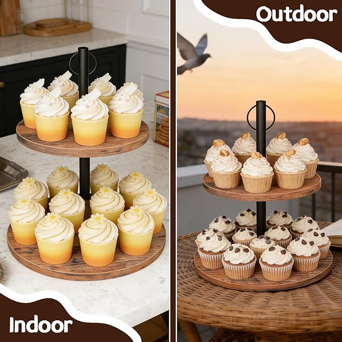 Cupcake Stand, 2 Tier Cake Stands Rustic Wood Cupcake Tower Round Tiered Tray Stand for Dessert Table Display, Industrial Wooden Serving Stand Wedding, Graduation and Baby Shower