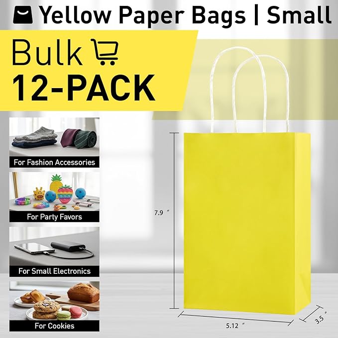 SUNCOLOR 12-Pack Yellow Gift Bags with Handles, 8 Inch Recyclable Paper Goodie Bags for Party Favors, Easter, Birthdays, Baby Showers