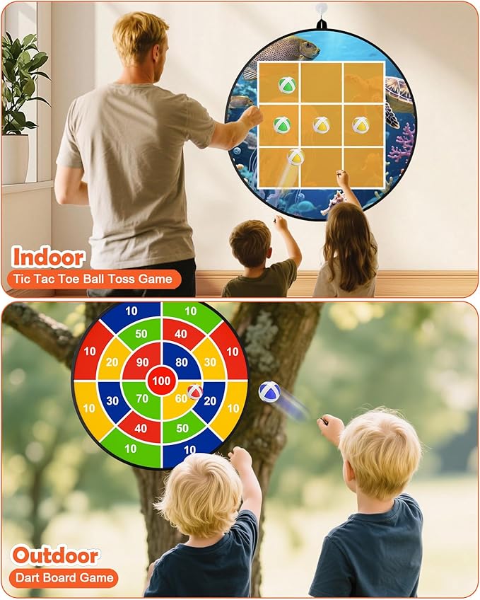 2-in-1 Outdoor Giant Tic Tac Toe Bean Bag Toss Games, Tic Tac Toe Ball Toss Game and Dart Board Games with Sticky Balls for Kids Adults Large Lawn Carnival Yard Birthday Family Outside Party Games