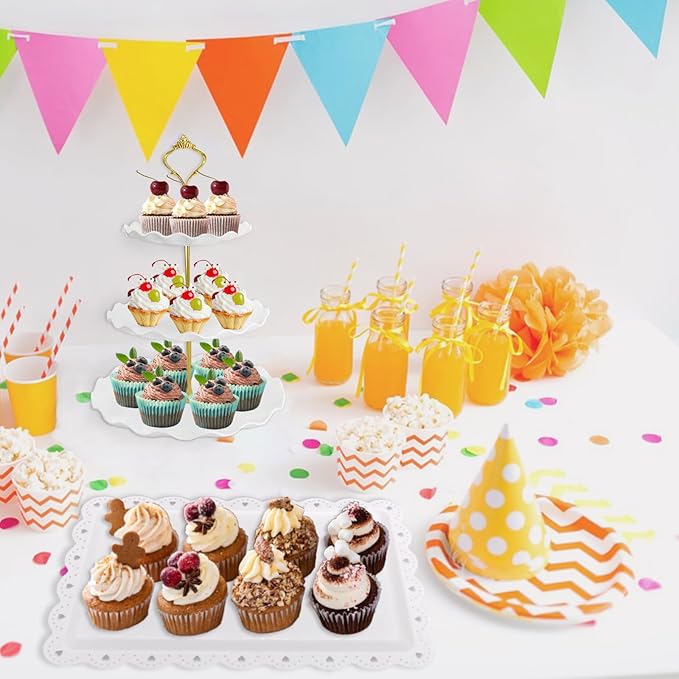 5 Pcs Dessert Table Display Set, White Plastic 2 Pcs Round 3 Tier Cupcake Stand Cup Cake Tower Stand with Metal Rod & 3 Pcs Serving Tray for Baby Shower, Tea Party, Wedding, Birthday Party