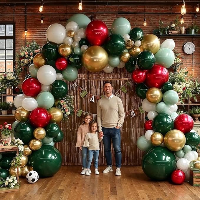 Soccer Balloon Arch Kit, Double Stuffed Dark Green Red Pearl White Gold Balloons Emerald Green Burgundy Balloon Garland for Boys Soccers Football Sports Theme Birthday Graduation Party Decorations