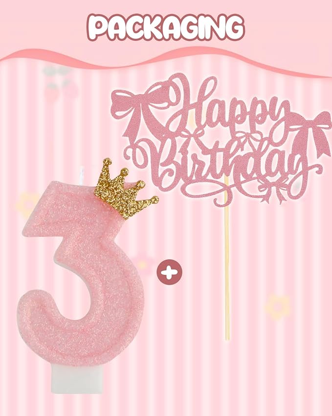 Birthday Candles for Cake, Pink Number Candles, Cake Candles with Cake Topper for Birthday Party Wedding Anniversary Celebrations (3 Candle)