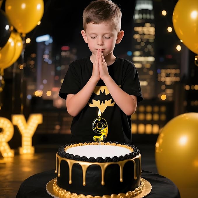 Black Yellow Number 9 Birthday Candle for Cake – Dark Night Hero Style with Bat & City Silhouette Design – Unique Cake Topper for Birthday, Anniversary, Themed Party Decoration