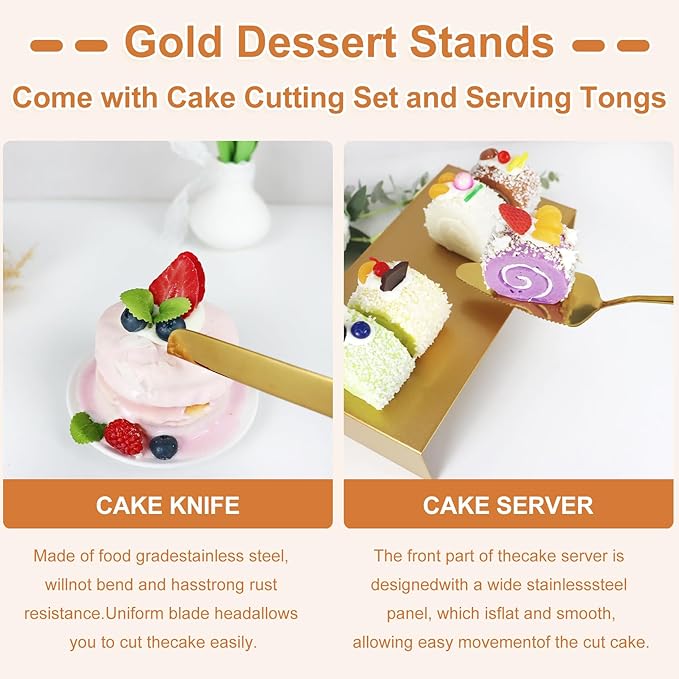 MACIFECI Gold Dessert Table Display Set, 11PCS Metal Gold Cake Stand Set, Including Cupcake Tower Stand, Dessert Tray, Risers Stands, for Wedding, Party