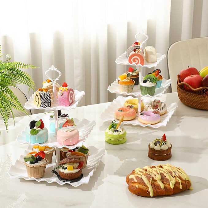 Chunful 8 Pack 3 Tier Cupcake Stand Bulk Square Tiered Dessert Stand Holder Wave Edge Thick Plastic Serving Tray Dessert Table Display Set Tea Cake Holder for Wedding Birthday Party (White)