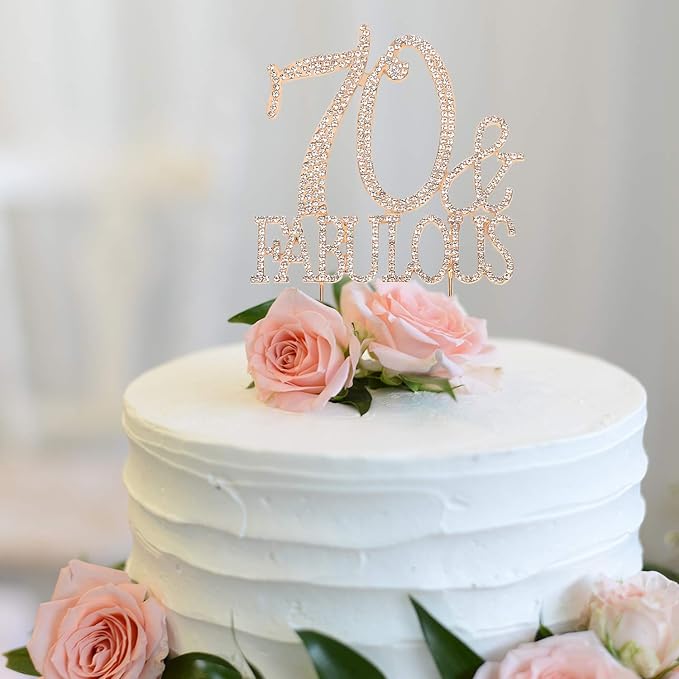 70 & Fabulous Cake Topper 70 Years Birthday Or 70th Wedding Anniversary Gold Crystal Rhinestone Party Decoration