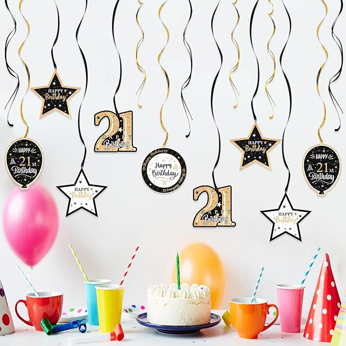Happy 21st Birthday Black & Gold Glitter Swirls Streamers Party Decorations - 15 Pcs 21st Birthday Hanging Swirls Streamers Kit,Perfect for 21st Bday Party Sign.