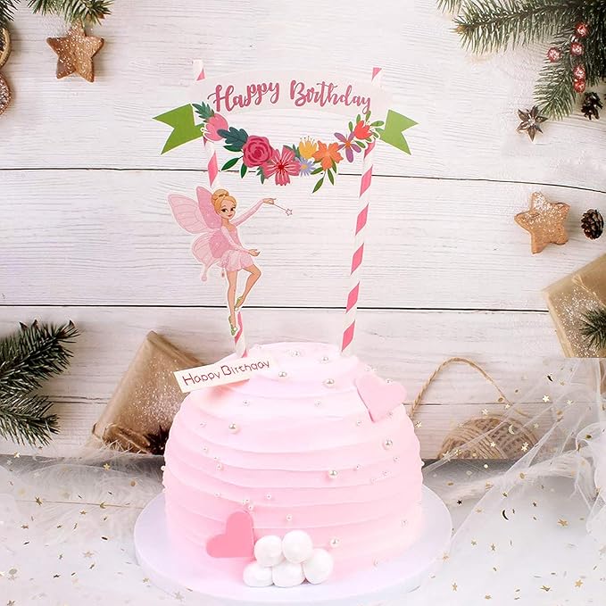 Pink Flower Fairy Happy Birthday Cake Topper Banner pre-assembled Cake Decorating Pennant Flag Banner Perfect for Wedding, Baby Shower, Tea Party