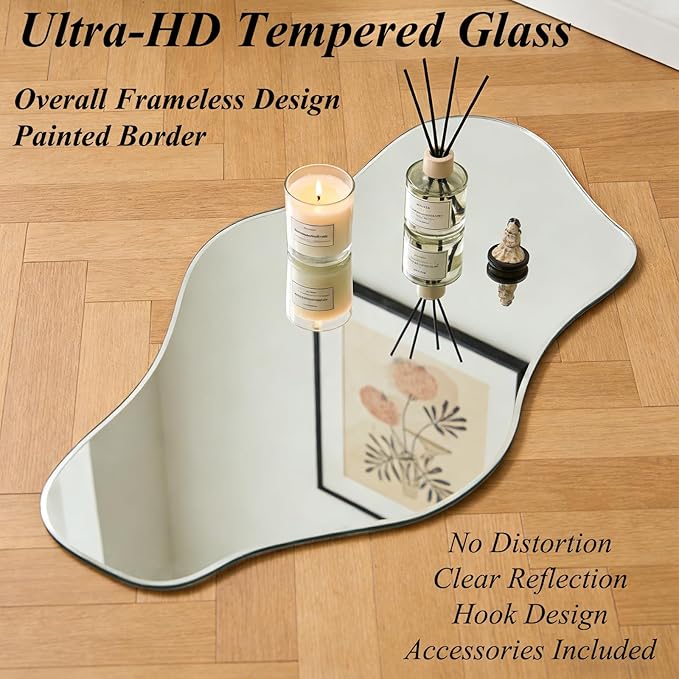 Large Irregular Mirror, 63"x30" Silver Asymmetrical Tempered Glass Mirror, Modern Organic Frameless Wall Mirrors for Living Room Bedroom Hallway Entryway, Horizontal or Vertical Hanging