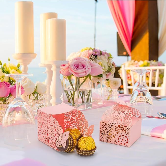 50pcs Laser Cut Butterfly Favor Boxes, 2.6" x 2.6" x 1.6" Floral Gift Box for Bridal Shower Anniversary Wedding Party,Baby Shower,First Communion, Pink