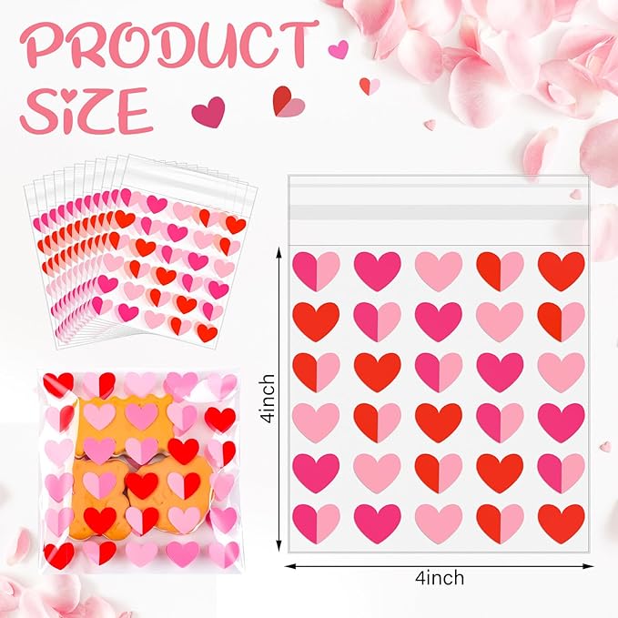Supervitae 200 Pcs Valentines Cellophane Cookie Bags Bulk 4 x 4 Inch Heart Cellophane Bags Self Adhesive Clear Treat Goodie Gift for Valentine's Day Party Supplies Snacks Bakery Cookie Packaging