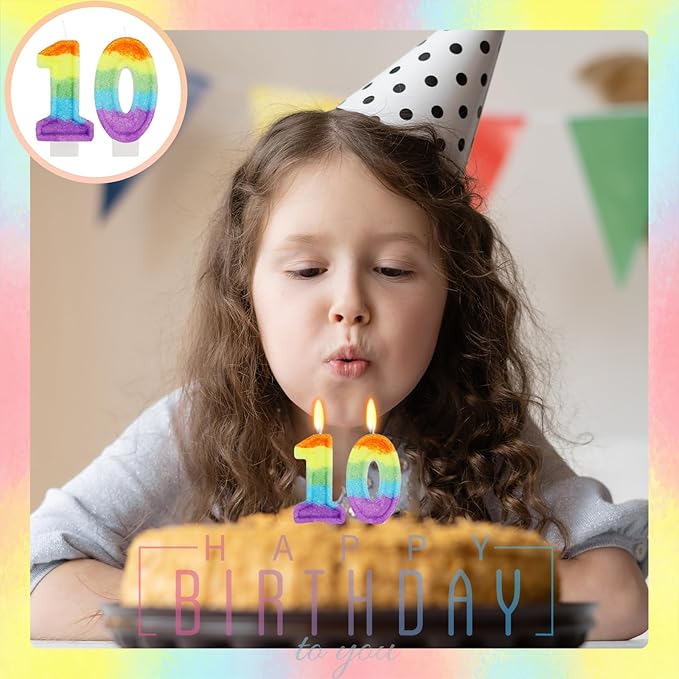 Rainbow Candles for Birthday Cakes, 10 Cake Topper, Rainbow Birthday Party Decorations, 10th Number Candle for Girls Boys (Number 10)