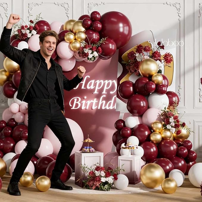Burgundy Balloons Arch Kit 155Pcs Different Sizes of 18 10 5 Inch Latex Maroon Light Pink White Metallic Gold Balloon Garland for Birthday Anniversary Graduation Party Decorations