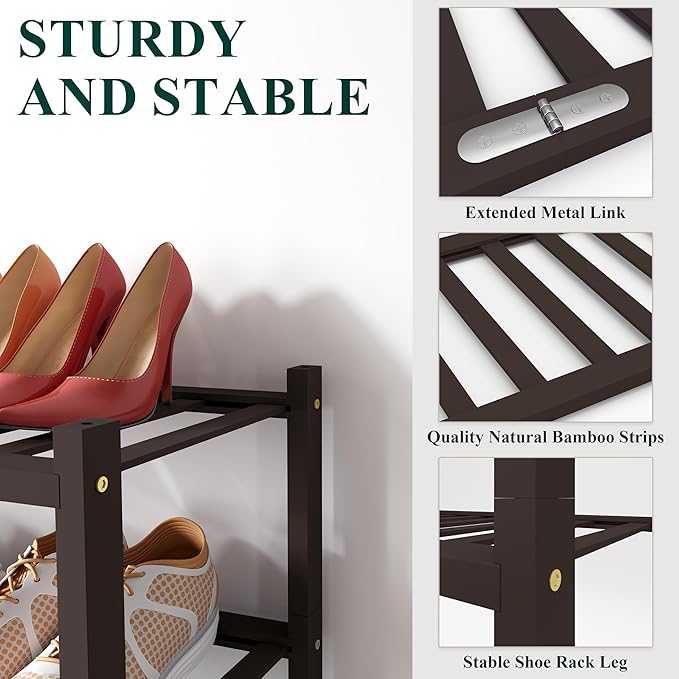 Smiry Long Bamboo Shoe Rack, 3 Tier Free Standing Wooden Shoe Organizer, Stackable Wood Shoe Storage Shelf for Closet, Entryway, 12 Vertical Slats, 2+1 Stack Standard Legs, 33.7"x11"x19.5", Brown