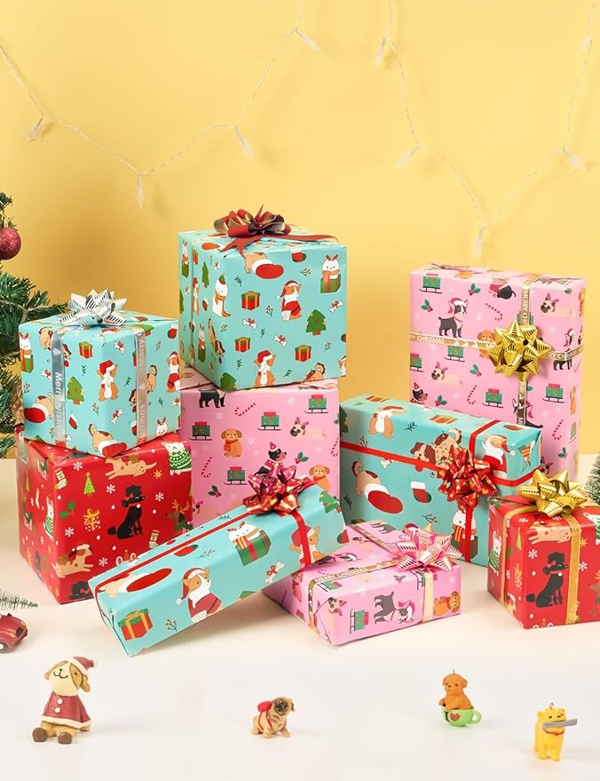 WERNNSAI Dog Christmas Wrapping Paper Rolls - 3 Rolls 17” x 120” Puppy Kids Christmas Wrapping Paper Medium Roll Set Funny Christmas Wrapping Paper Xmas Rolls Party Gift Decoration, for Girls/Boys