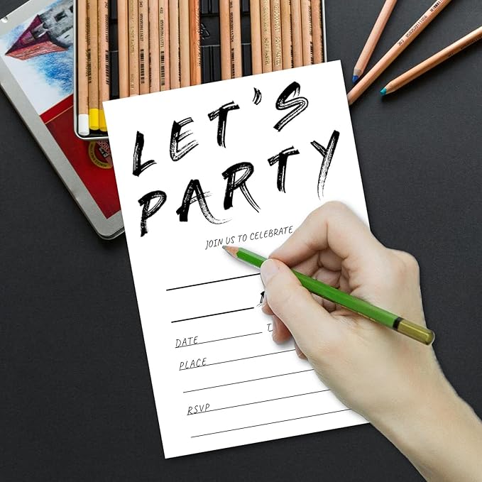 Birthday Let's Party Invitations, Simple Black and White Handwriting Style Design Invites with Envelopes for Girls Boys Teens Kids, 25 Pcs 4x6 Inch (Black Handwriting Simple)