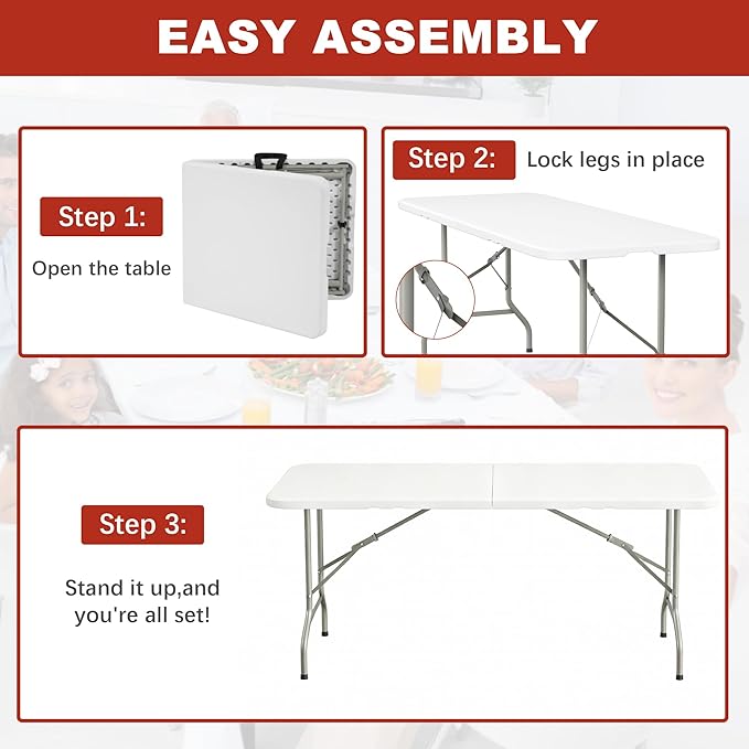 Elevon 6FT Folding Tables – Heavy Duty Portable Foldable Table with Built-in Handle, 300 lb Capacity – Ideal for Events, Parties, Crafts, Camping & Dining (6-Pack)
