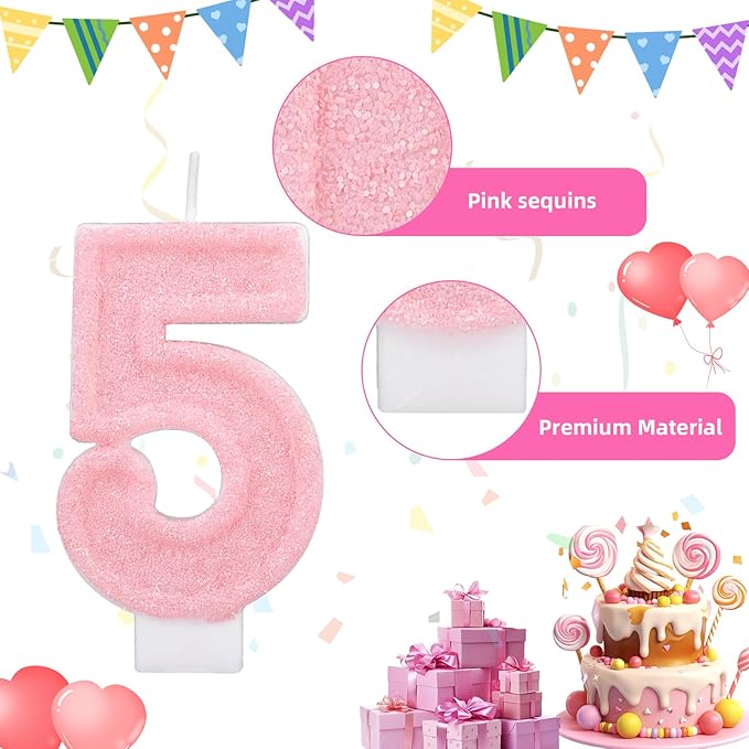 Pink Number Birthday Candles, Romantic Cake Glitter Pink Number Candles Anniversary Cake Topper Decoration Cute Birthday Party Supplies for Wedding Anniversary Celebration Supplies (5)