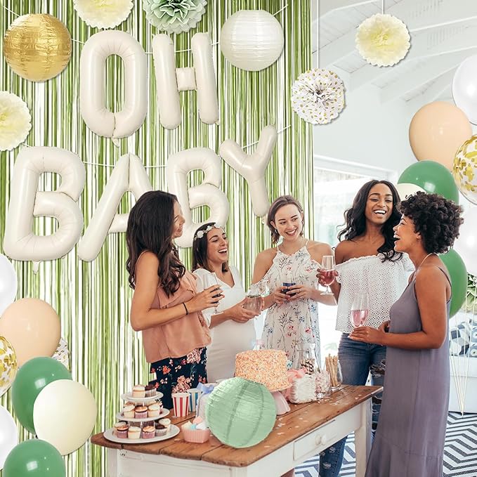 Sage Green Baby Shower Decorations 40 Inch Beige OH BABY Balloons Welcome Baby Banner, Paper Lanterns, Tissue Pom Poms, Star Garland, Neutral Gender Reveal Birthday Party Supplies