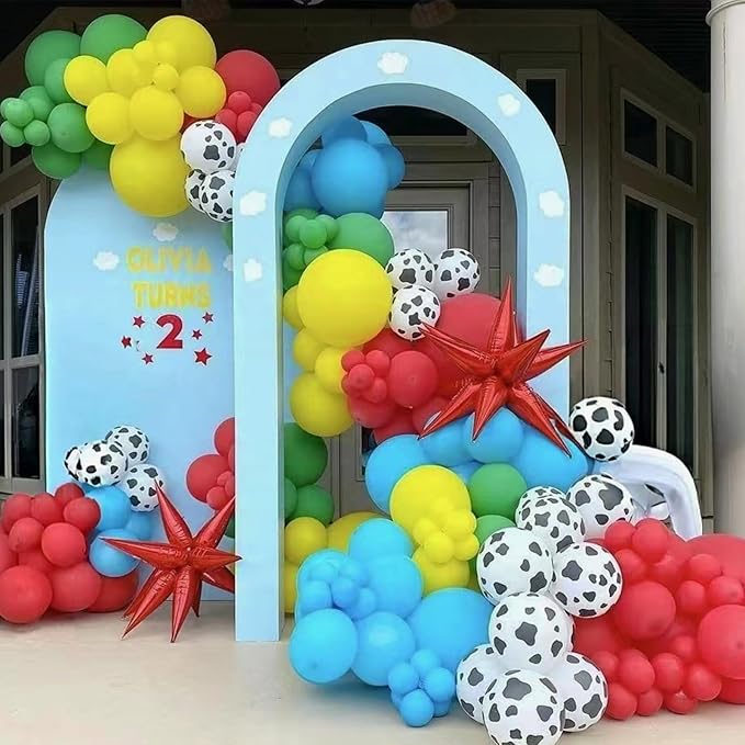 HILAVO Toy Inspired Story Balloons, 12 Inch Cow Print Sky Blue Cloud Balloons Red Blue Yellow Green Balloons for Kids Boys Halloween Birthday Party Farm Themed Party Decorations