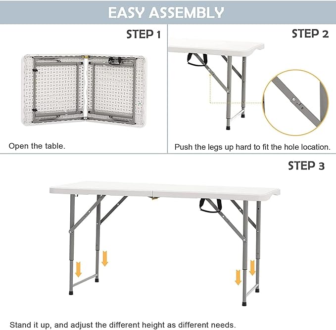 4 Foot Folding Table Adjustable Height 22-30 Inch, Heavy Duty Fold in Half Plastic Table with Steel Legs, Portable Indoor Outdoor Table for Picnic, Camping, Dining, Party