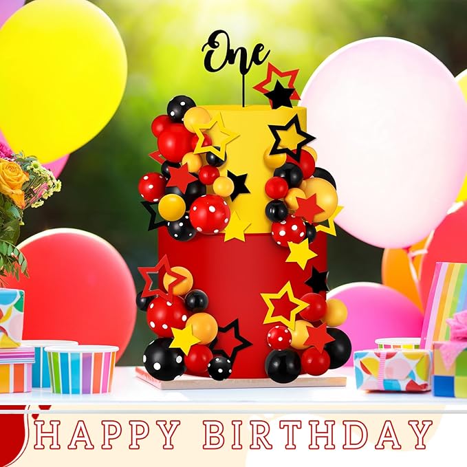 57 Pcs Black Red Yellow Ball Star Cake Topper Set Cartoon Cake Decorations with Flag DIY Insert Topper for One Two Years Happy Birthday Decorations Baby Shower Party Supplies(One Year)