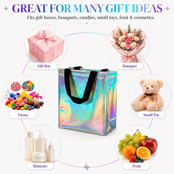 MAQIHAN 6 Pcs Iridescent Gift Bags Bulk - Mother's Day Iridescent Glossy Gifts Bags Medium Size,Reusable Gift Bag with Handles for Birthday Party, Wedding, Party Favor, Christmas, Easter