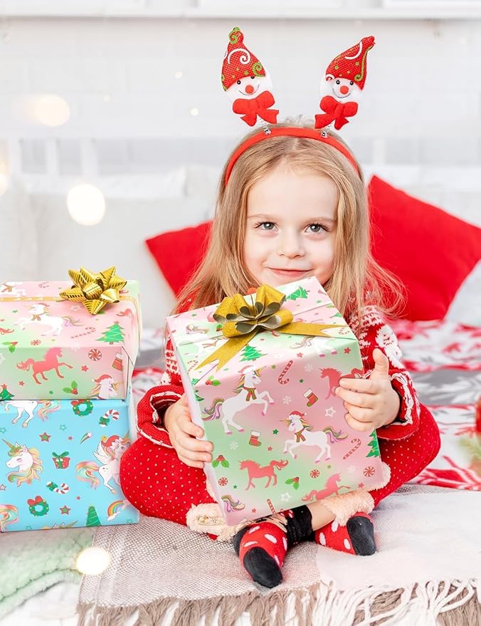 WERNNSAI Christmas Wrapping Paper - 3 Rolls 17” x 120” Christmas Unicorn Wrapping Paper Rolls Christmas Gift Wrap Paper Girls Birthday Wrapping Paper Holiday Wrapping Paper Unicorn Gift Wrap Paper