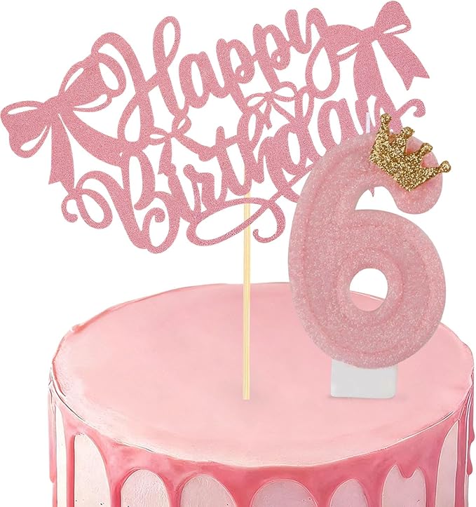 Birthday Candles for Cake, Pink Number Candles, Cake Candles with Cake Topper for Birthday Party Wedding Anniversary Celebrations (6 Candle)