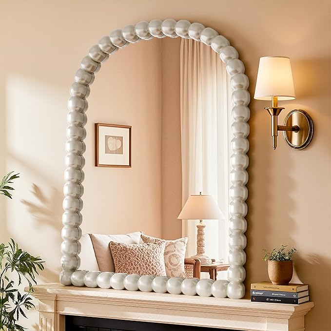 22"×30" Silver Arched Bathroom Vanity Mirror, Vintage Beaded Decorative Wall Mounted Makeup Mirror, as Wall Decor Hanging Leaning for Fireplace Mantle, Living Room, Bedroom, Vanity Area