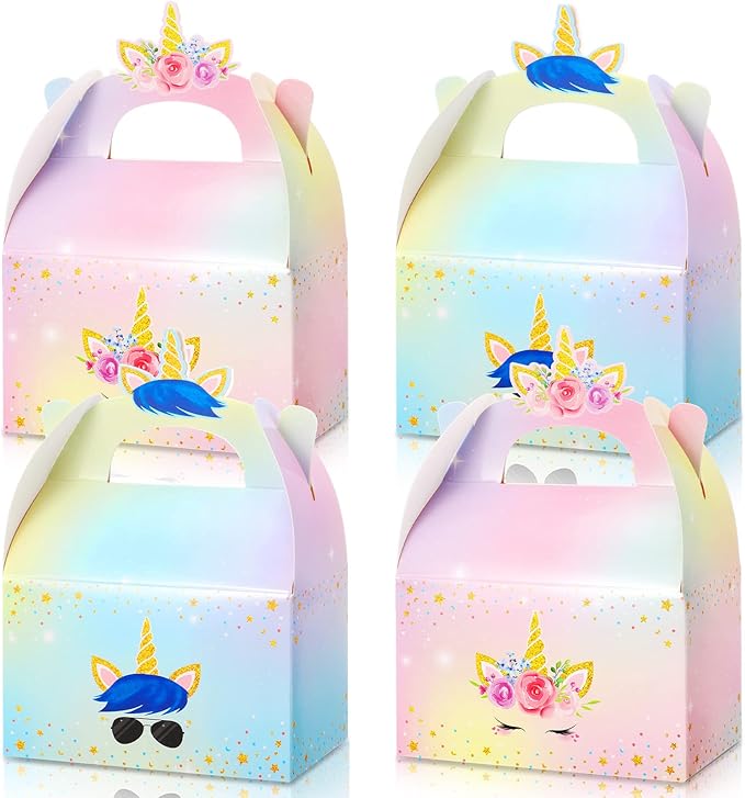 Leinuosen Unicorn Gift Boxes - Rainbow Theme Candy Treat Boxes for Girls & Boys Kids Birthday Party Decorations (Unicorn, 24 Pieces)