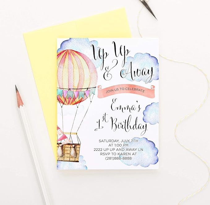 1st Birthday Invites for Girls, Hot Air Balloon Birthday Invitations, Up Up and Away Balloon Invitations Birthday, Adventure Awaits Birthday Invites, Your choice of Quantity, Age Info + Envelope Color