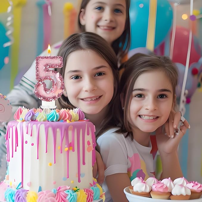 5th Birthday Candles，Glitter Butterfly Cake Toppers Pink Sequins Wedding Numeral Cupcake Decorations，Suitable for Girl and boy Wedding Cakes, Party Celebrations, Birthday Decorations