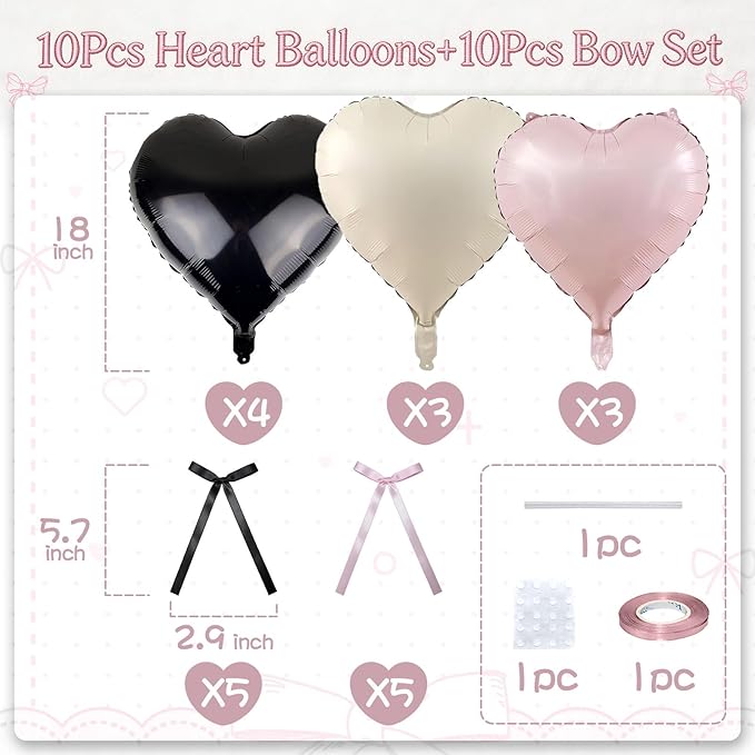Pink and Black Heart Balloons with Ribbon Bow, 10 Pcs Light Baby Pink Cream Heart Shape Foil Balloons, 18Inch Helium Balloon with Bow Decoration for Girls Women Brithday Baby Shower Bachelorette Party