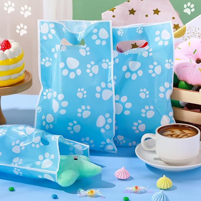 Pasimy 100 Pcs Dog Paw Gift Bags Bulk Pet Paw Puppy Plastic Treat Favor Candy Goodie Bags with Handle for Dog Birthday Party Decoration Supplies(Blue,White)