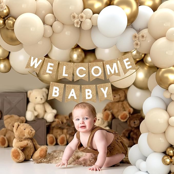 Boho Baby Shower Decorations-97Pcs Burlap Grain Baby Boxes,Nude and Gold Balloons Arch Kit and "WELCOME BABY" Banner for Neutral Baby Shower Decorations,Birthday Party Supplies,Gender Reveal