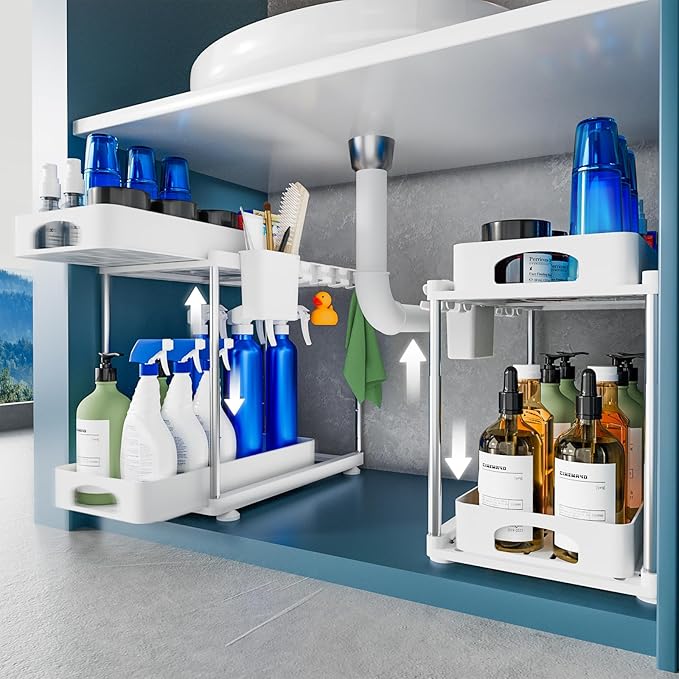 VERIFOST 2 Pack Under Sink Organizers and Storage, Double Sliding Kitchen Cabinet Organizer, 2 Tier Height Adjustable Countertop Organizer for Kitchen Bathroom Laundry, White