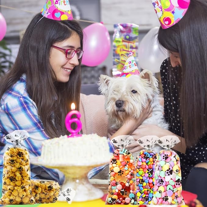 60 PCS Plastic Dog Paw Cellophane Treat bags with Ties Goodie Candy Cookie Goody Gift Bags Pouches Clear Baby Shower Pet Puppy Birthday Party Decorations Favors Supplies Wrapping Stuffers(5x11)