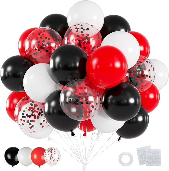60pcs Red Black White Balloons, 12inch Black Red Confetti Balloons for Graduation 2026, Casino Poker Night, New Year, Racing Car Party Decorations