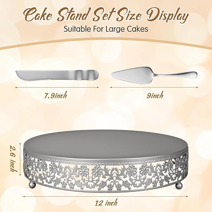 Wenqik 12 Inch Silver Cake Stand Set Metal Round Cupcake Dessert Stand with Cake Cutting, Spatula Wedding Cupcake Pastry Display Candy Holder Display for Wedding Party Birthday Baby Shower (Flower)