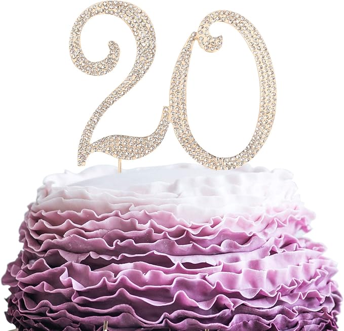 20 Years Birthday Cake Topper - New Best Crystal Rhinestone 20th Wedding Anniversary Or 20 Years Old Cake Topper Party Decoration Gold