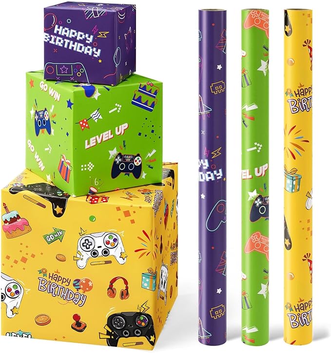 WERNNSAI Gaming Wrapping Paper Rolls - 3 Short Rolls 17 in x 120 in Video Game Wrapping Paper for Kids Boys Birthday Gamer Theme Party Decorative Gift Packing Paper Supply Green Yellow Purplewith Cut Lines